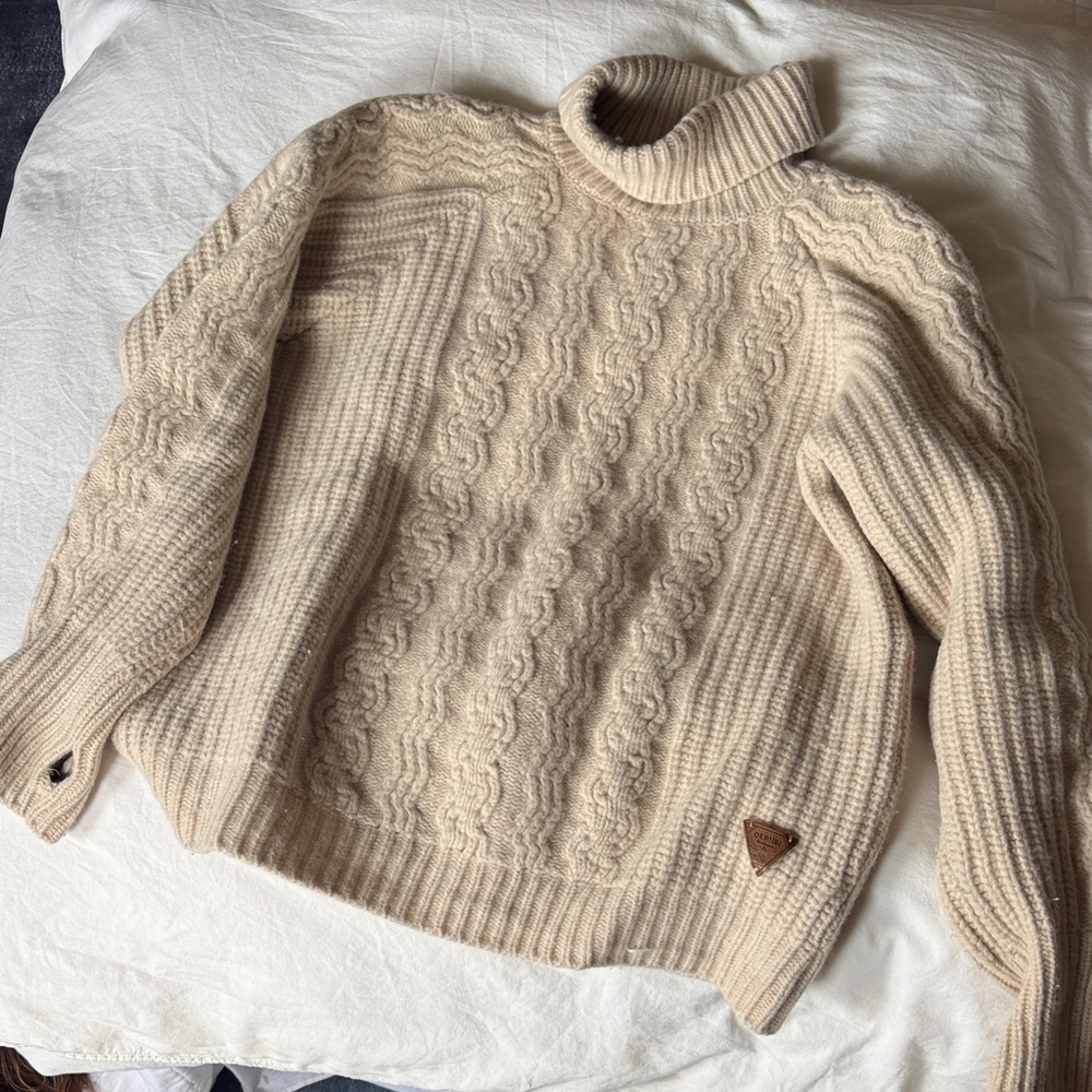 Barbour Beige Cable Knit Turtleneck Sweater